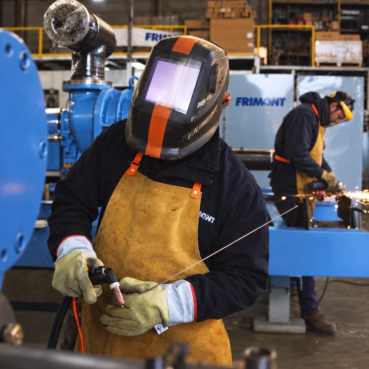 FRIMONT welder working on an industrial assembly in the workshop