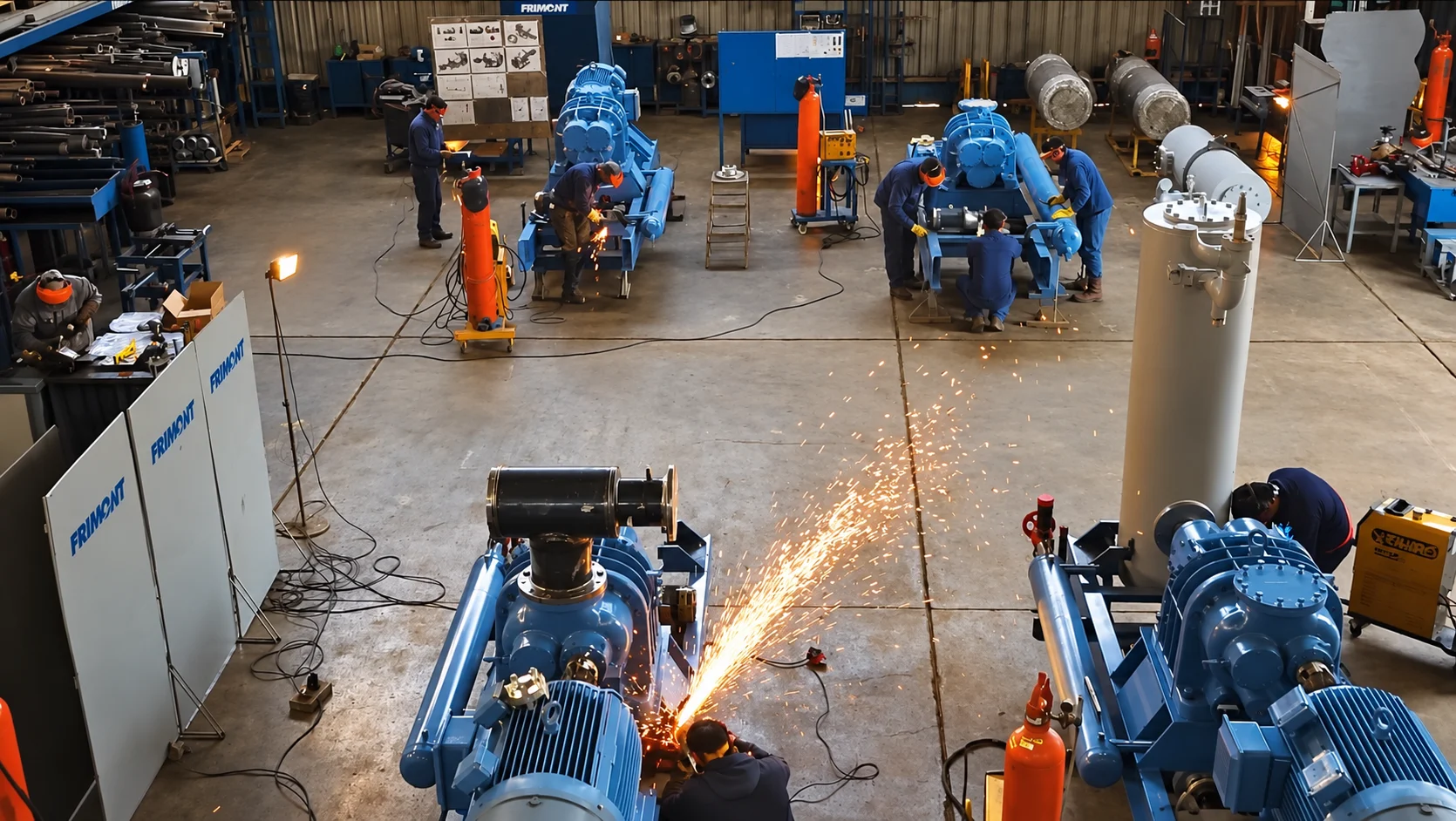 FRIMONT teams working on the manufacturing of compressor packages in the workshop.