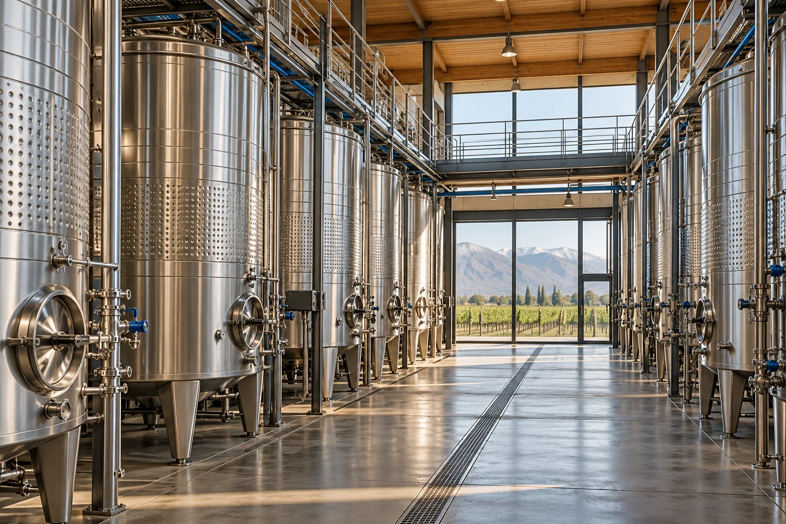 Imagen conceptual de bodegas y plantas vitivinícolas, generada con IA.